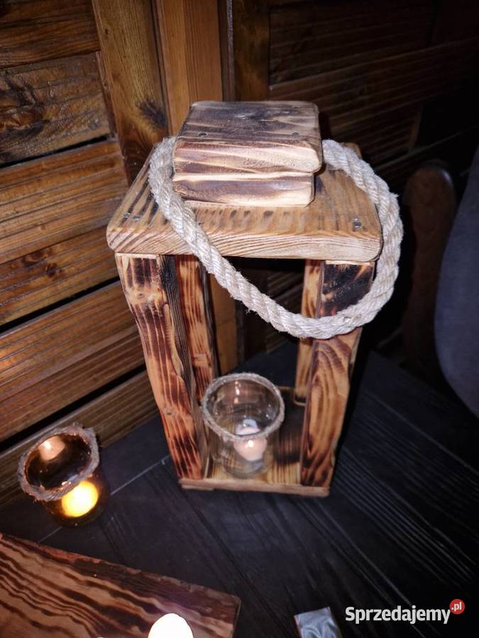 Rustykalny lampion z drewna z odzysku Handmade Pszów