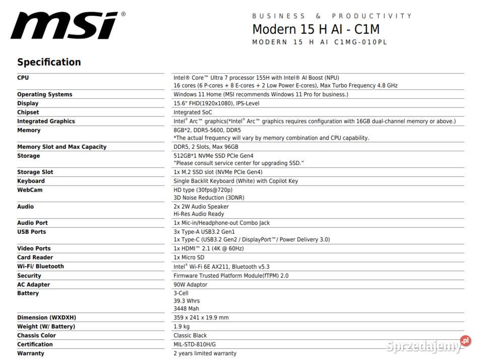 Laptop MSI Modern 15 H AI C1MG010 Intel Ultra 7 16GB MSI opolskie