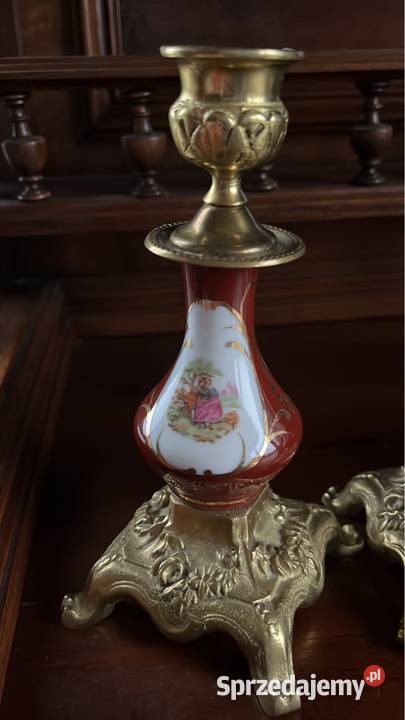 Świecznik porcelana i mosiądz Bordowa niebieska Gdańsk sprzedam