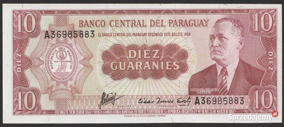 Paragwaj 10 guarani 1952 stan bankowy UNC Łódź