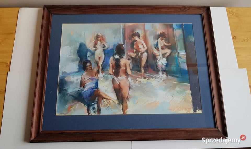 Obraz szkłem pastel Damy sygnowany Franciszek Dąbrowa Górnicza