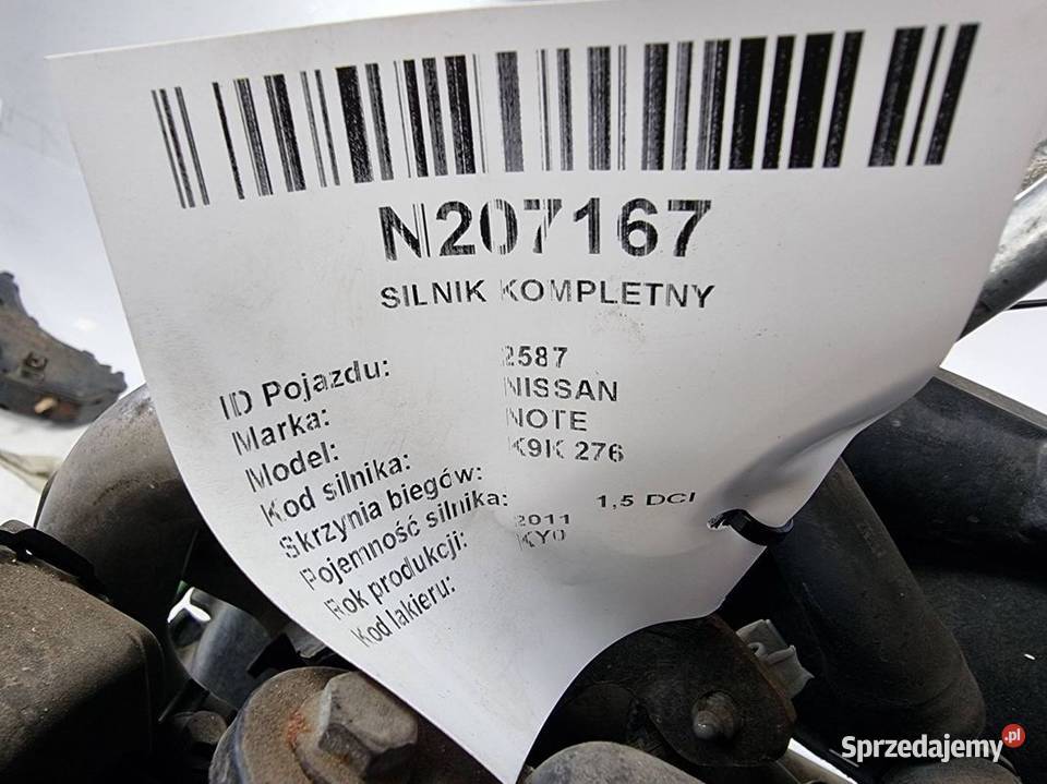 SILNIK KOMPLETNY NISSAN NOTE K9K276 Lipno sprzedam