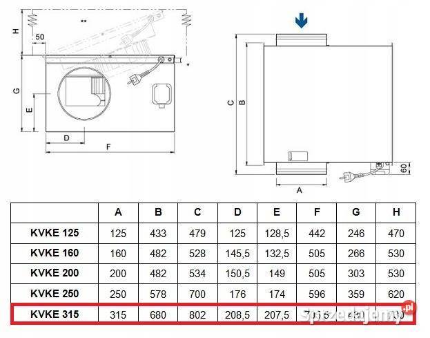 KVKE 315M wentylator promieniowy kanałowy Góra