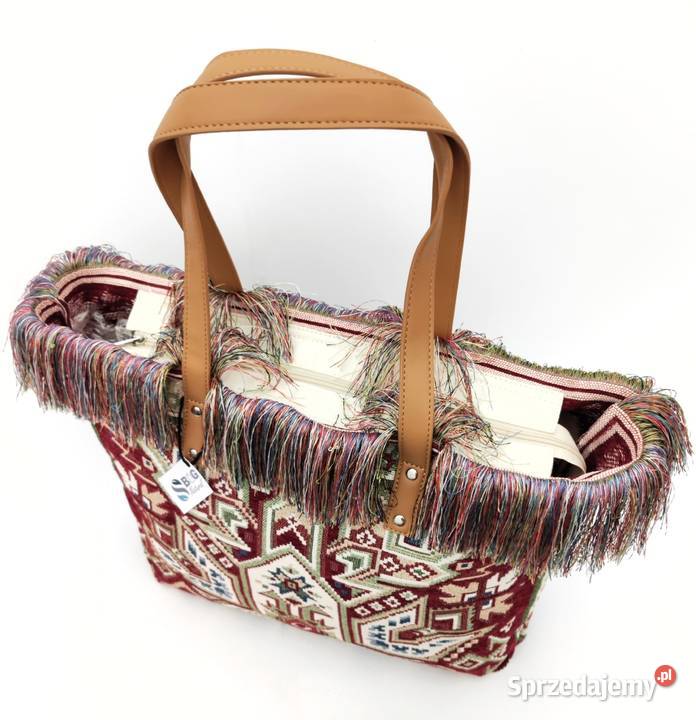Torebka duża bawełniana tkana AZTEC frędzle a4
