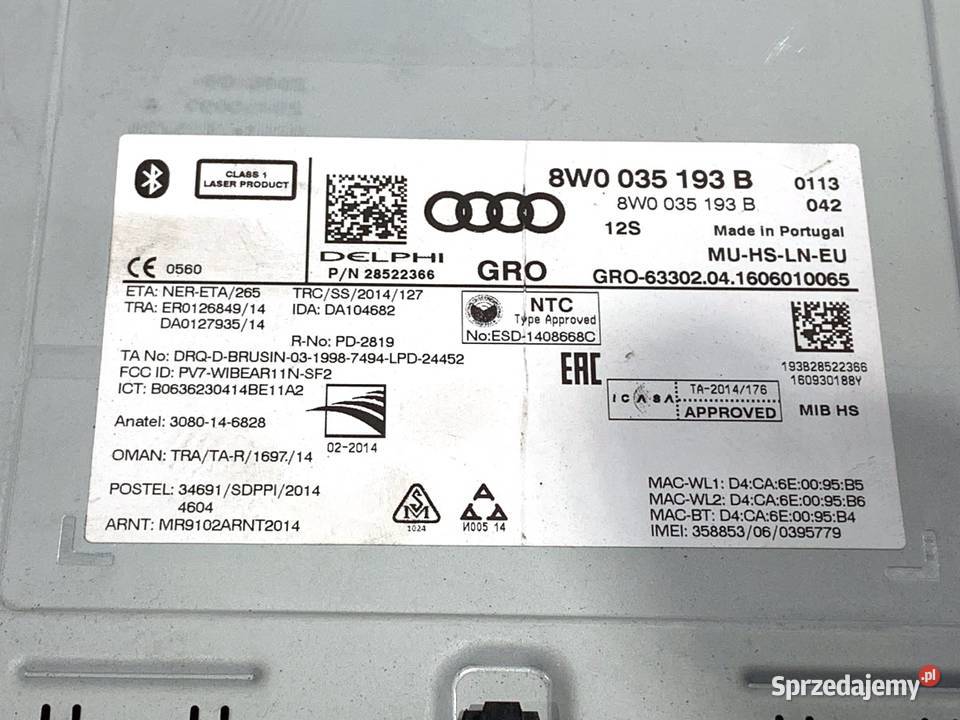 ZMIENIARKA CD AUDI A4 B9 8W0035193B NAPĘD osobowe