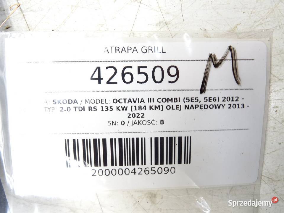 ATRAPA GRILL SKODA OCTAVIA III Kombi KRATA osobowe Części samochodowe sprzedam