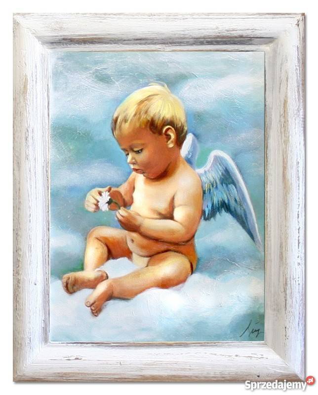 obraz olejny 37x47 dziecko aniołek prezent komunia chrzciny