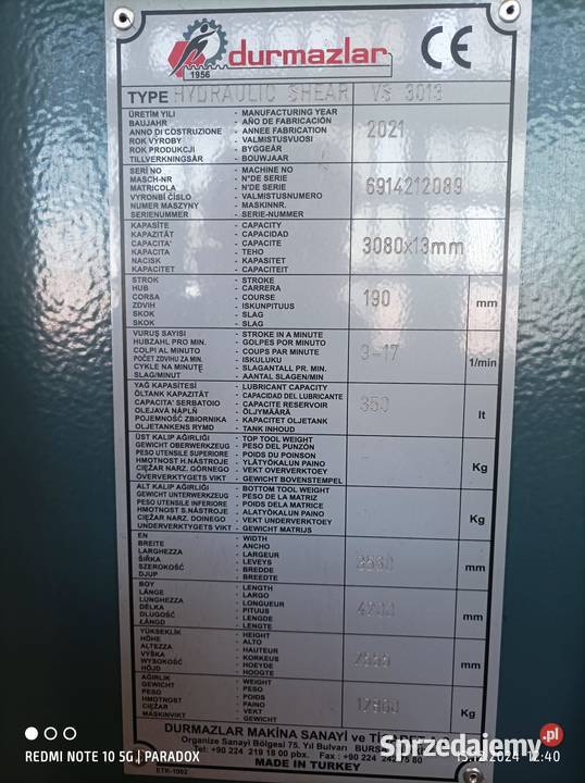 Hydrauliczne nożyce gilotynowe CNC DURMA VS 3013 Płock