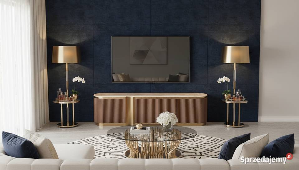 Ryflowana szafka RTV złota drewniana brązowa Golkowice