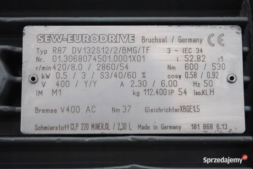 Motoreduktor dwubiegowy 053kw 854obr Firmy sew Pozostałe Kargowa