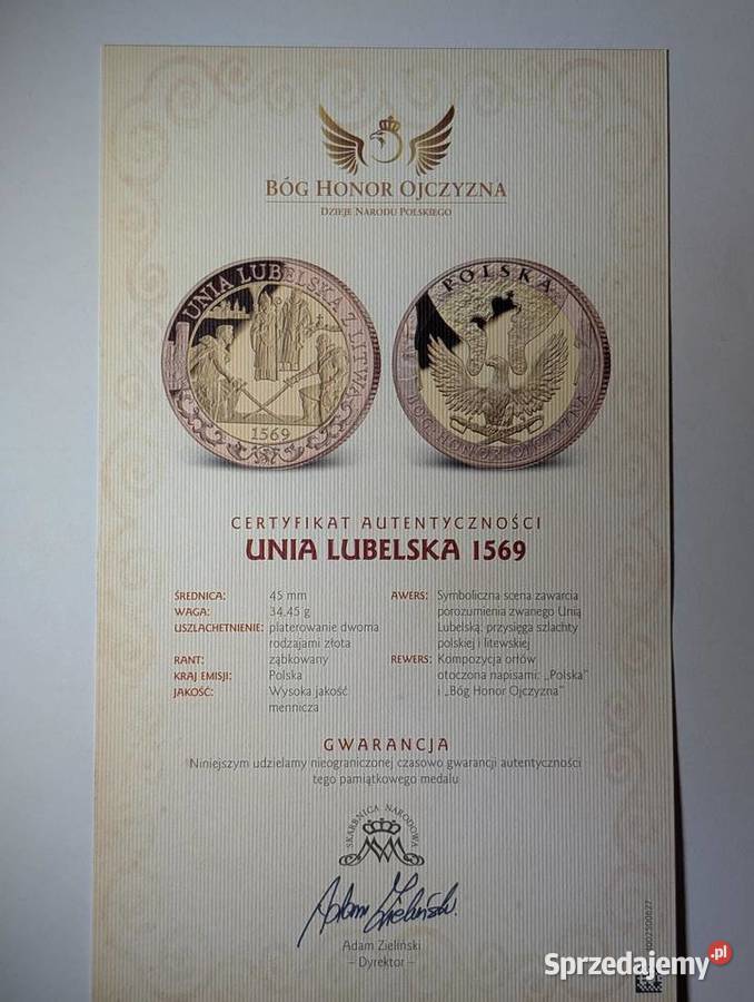 Certyfikat Skarbnica Narodowa Unia Lubelska 1569 Piła