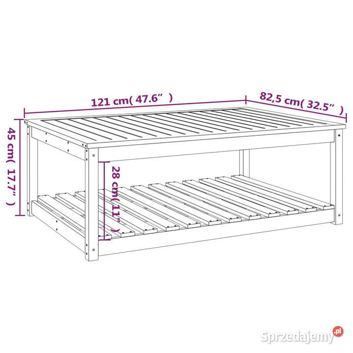 Stolik ogrodowy biały 121x825x45 lite drewno mazowieckie