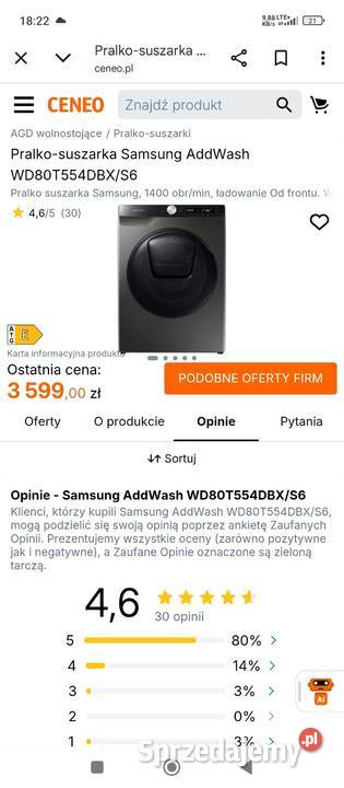 Pralko suszarka Samsung 95 1400obr Pranie parowe Warszawa