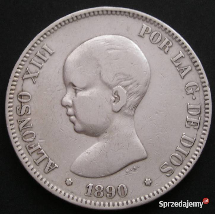 Hiszpania 5 peset 1890 SREBRO Alfonso XIII Łódź