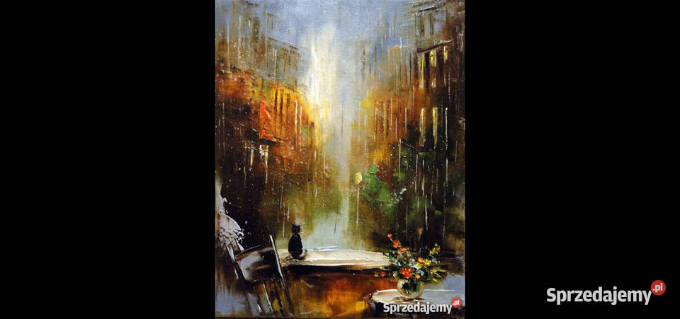 Uliczka w deszczu obraz olejny 30x40 Warszawa