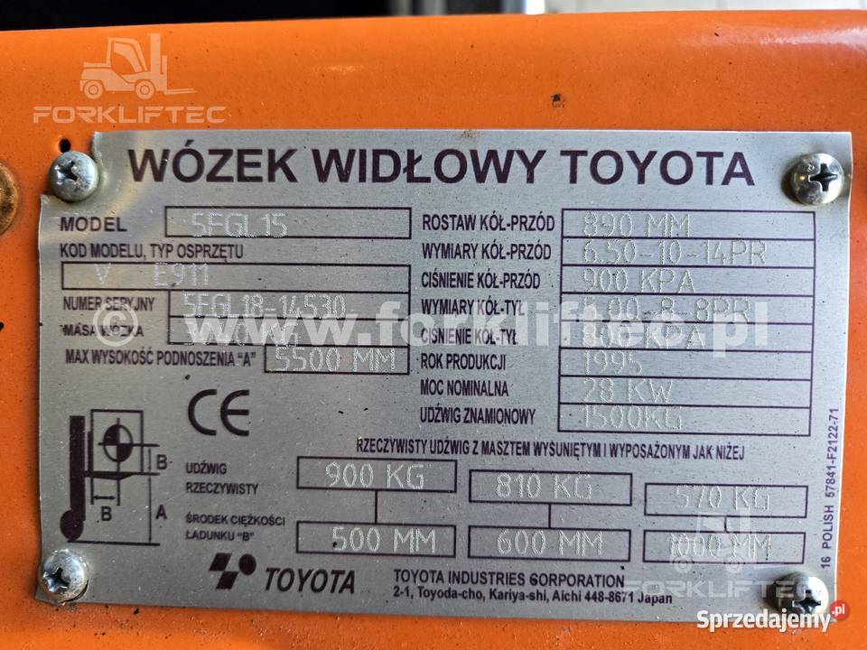 Wózek widłowy TOYOTA 5FG15 TOYOTA 5FGF15 widlak Wózki widłowe Lędziny