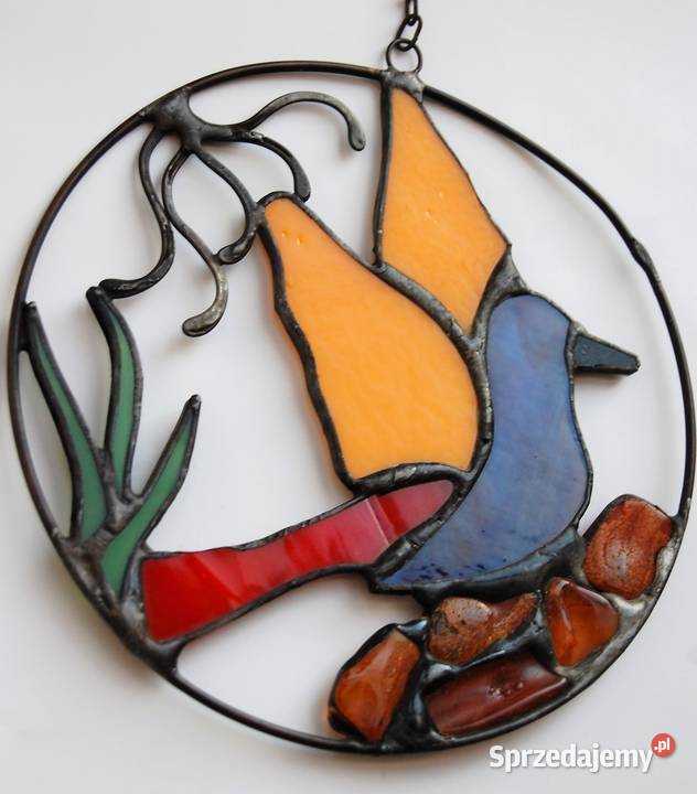 Witraż rajski ptak z bursztynem bursztyn wielokolorowy lubelskie Lublin