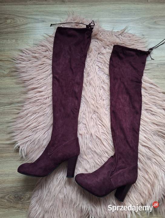 Długie burgundowe zamszowe buty na obcasie Kraków