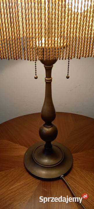 Duża mosiężna lampa gabinetowa klosz z frędzlami Skierniewice