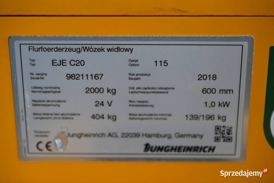 Paleciak elektryczny Jungheinrich EJE C20 2018 śląskie Częstochowa sprzedam