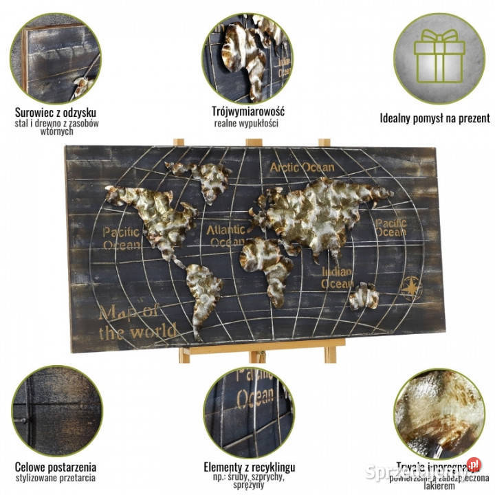 Obraz metalowy 3D LOFT MAPA ŚWIATA 1 120x60 świętokrzyskie