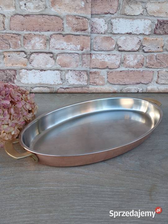 Duża miedziana patelnia do serwowania grube dno