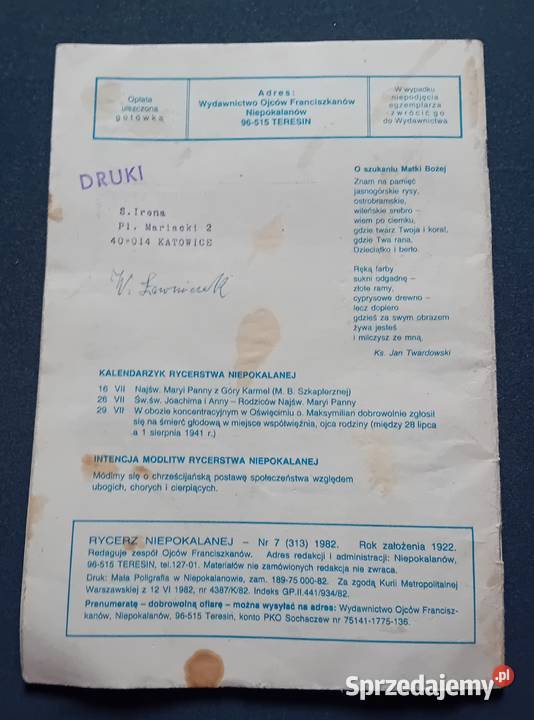 Rycerz Niepokalanej 7 313 lipiec 1982 r Koźminek sprzedam