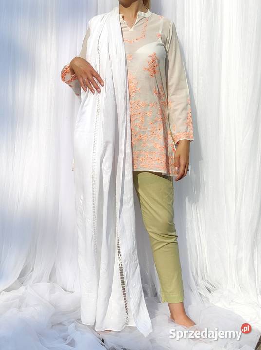 Duża chusta szal dupatta haftowana biała bawełna Szczecin