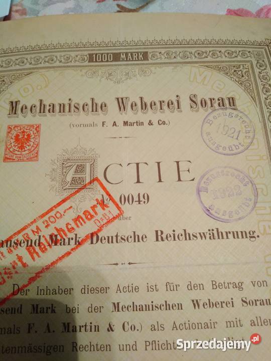 Papiery wartościowe Akcja 1000 marek Tkackie Żary