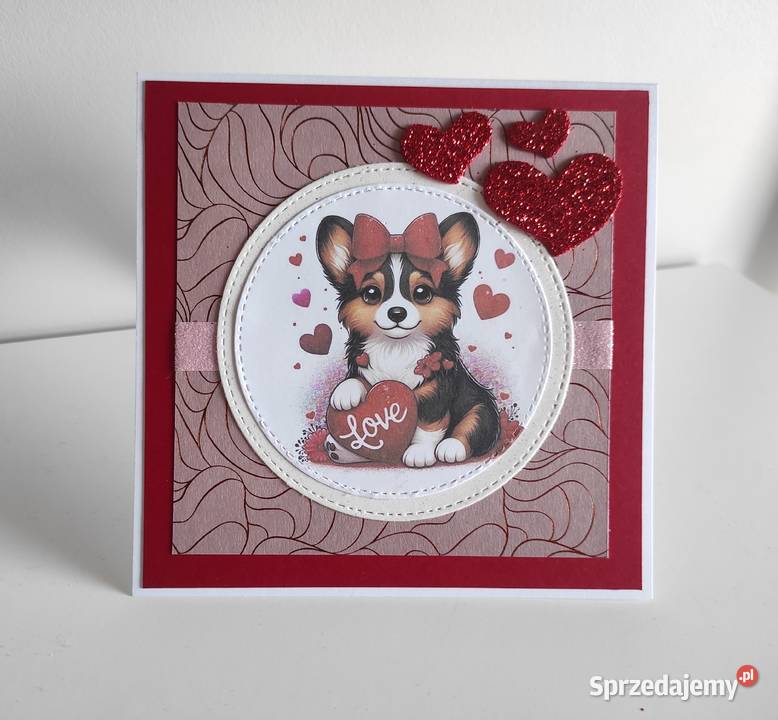 Kartka ręcznie robiona na Walentynki z pieskiem Łódź