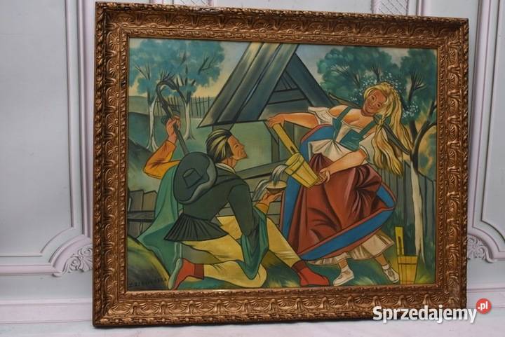 Z Stryjeńska Hucuł i Hucułka Duży Stary Obraz Kraków