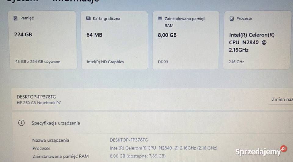 Laptop HP 250G3 Intel N2840 8GB ddr3 SSD 240GB Rzeszów