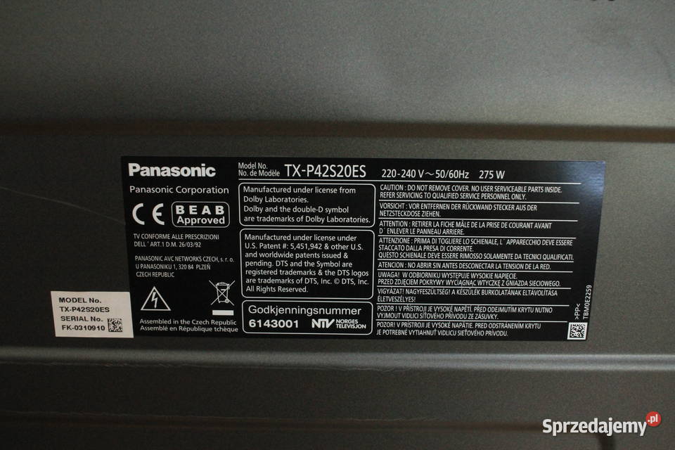 Telewizor plazmowy 42 cale Panasonic P42S20ES 42cale Góra sprzedam