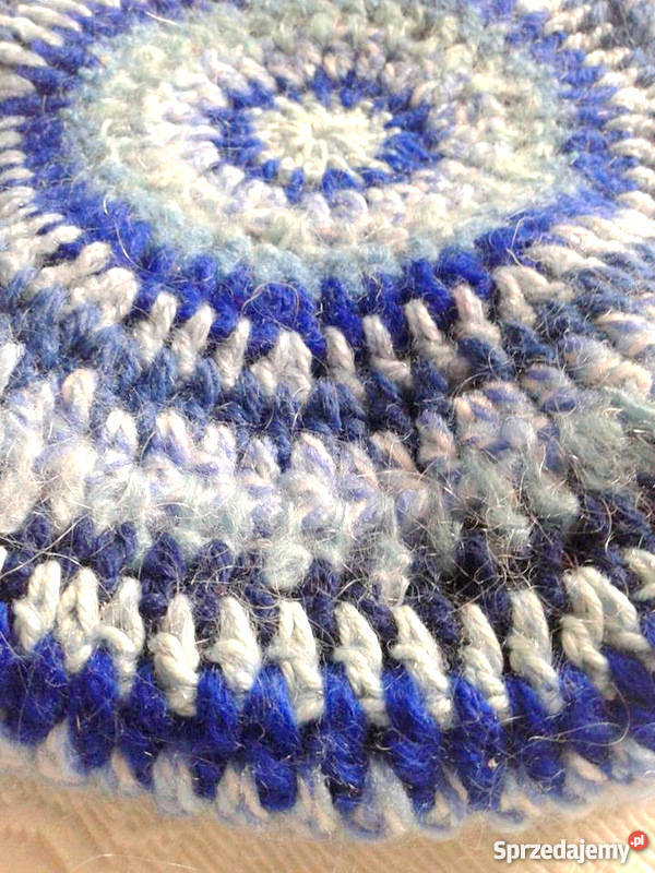 Ciepły moherowy beret w paski Jesienne niebo Katowice