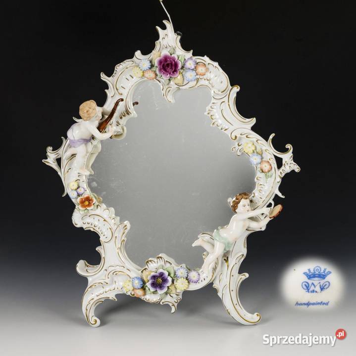 Porcelanowe lustro rokokowe z puttami II poł XX
