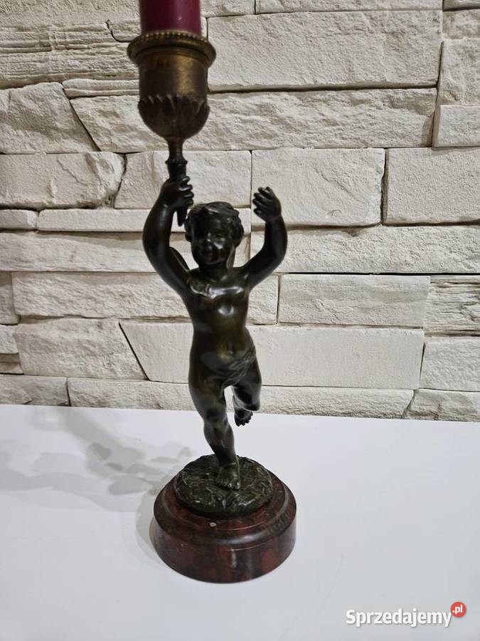 Świecznik brąz Francja XIX w Figurka Putto