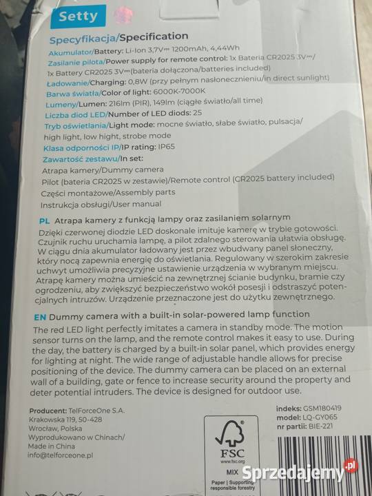 Atrapa kamery z funkcją lampy zasilaniem Myślenice