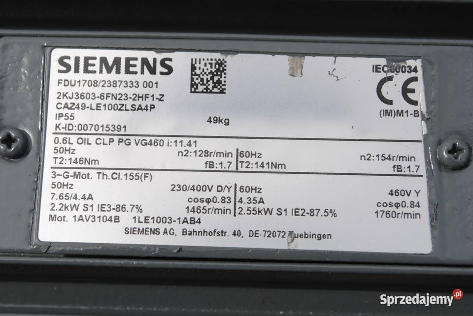 Motoreduktor kątowy 22kw 128obrmin Siemens Kargowa sprzedam