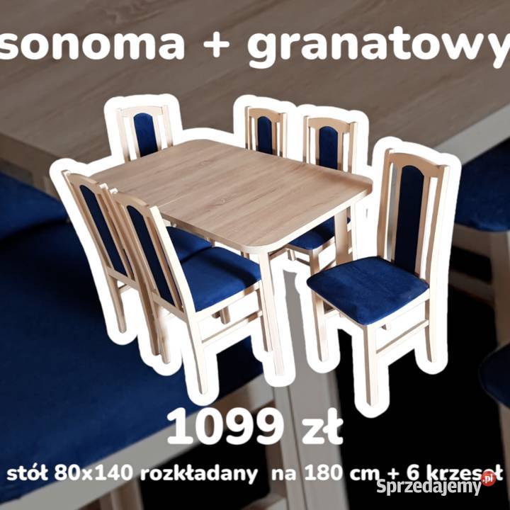 Nowe: Stół 80x140/180 + 6 krzeseł, SONOMA + GRANATOWY