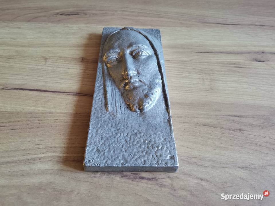 Stara płaskorzeźba metalowy relief Jezus odlew Katowice