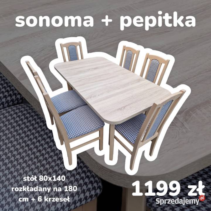 Nowe: Stół 80x140/180 + 6 krzeseł, SONOMA + PEPITKA ,transPL