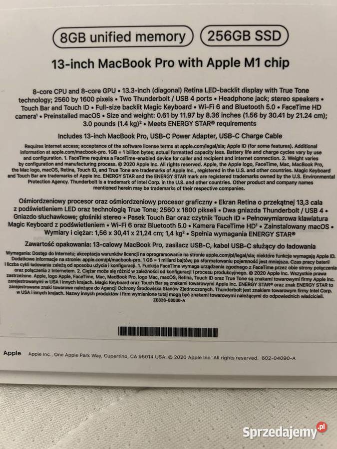 Macbook Pro 13A2338 M1 2020 8GB256 GB SSD Touch Laptopy i netbooki Solec Kujawski