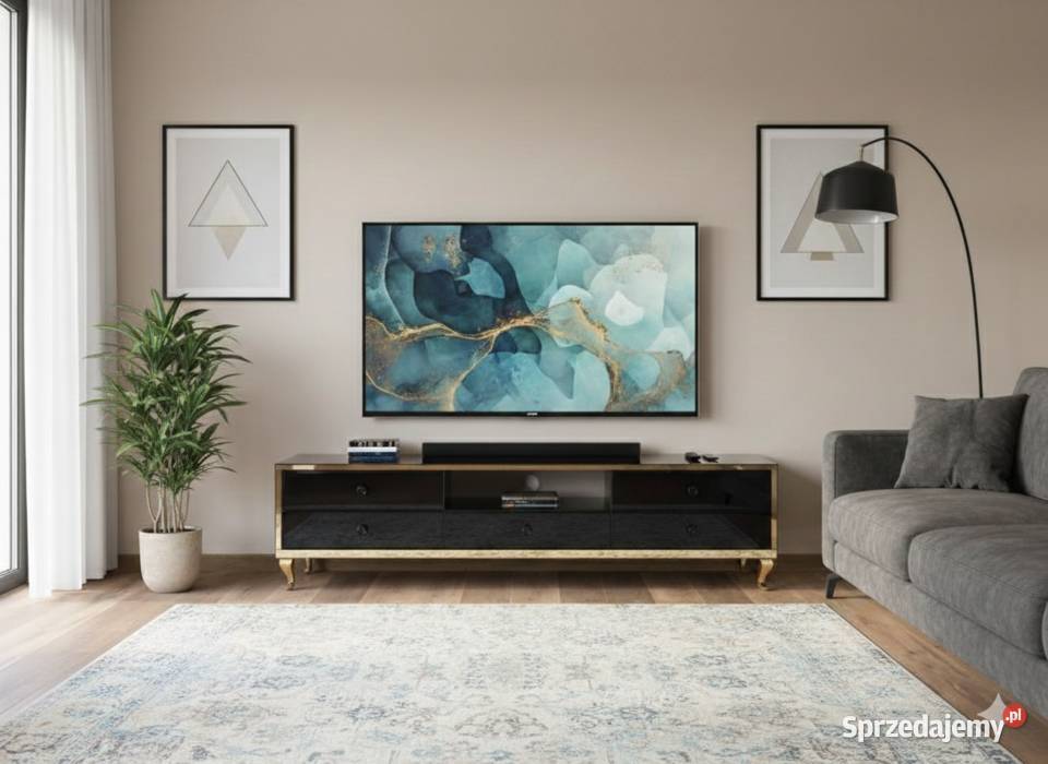 Szklana Komoda RTV 180 Czarna Lustrzana Złote