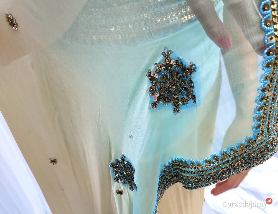 Piękne zdobione sari beż turkus koraliki saree kolorowy Szczecin sprzedam