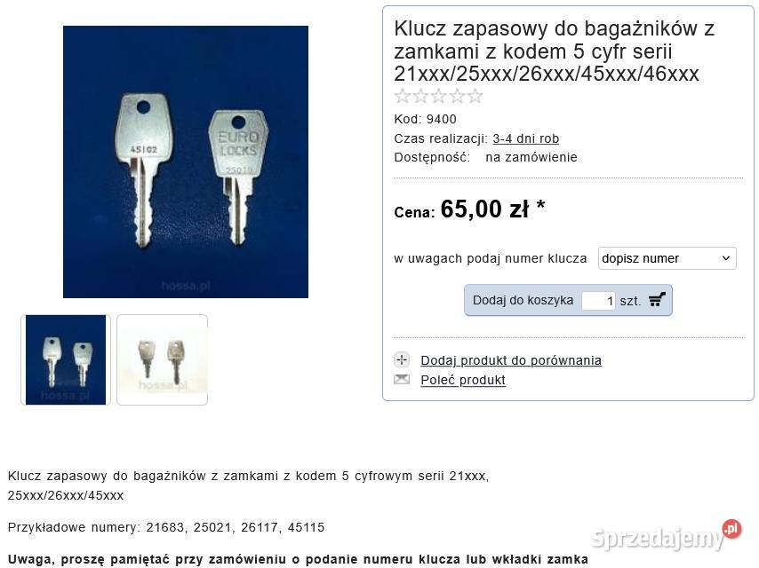 Klucz zapasowy do bagaż z kodem 5 cyfr Warszawa