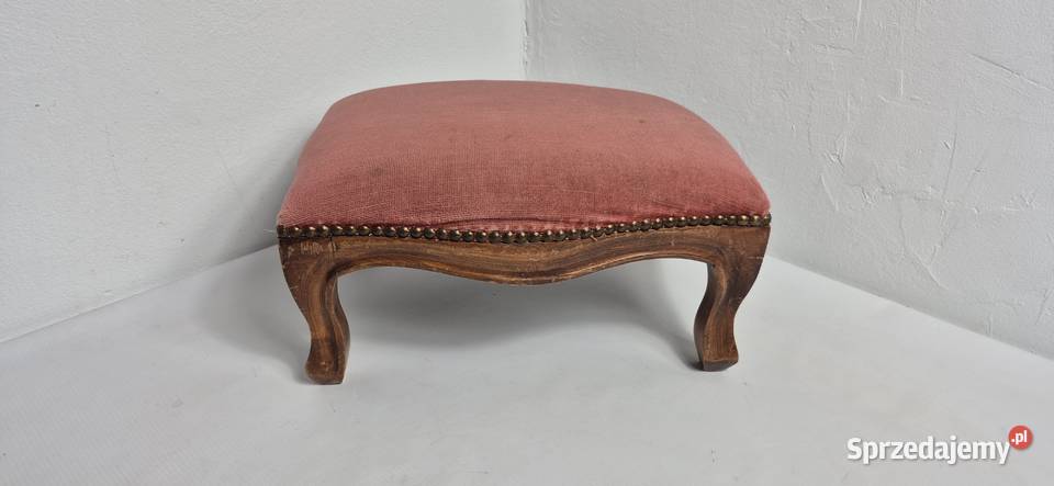 Stylowy Podnóżek Vintage Różowy Welur Drewno Biłgoraj