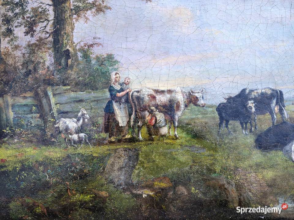 stary obraz olejny Pastwisko Kartuzy