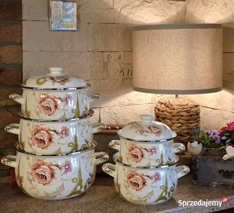 199 Garnki duże emalia róże Zabrze
