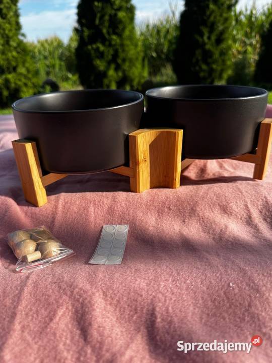 Podwójne ceramiczne miski 850ml stojak bambusowy Osięciny