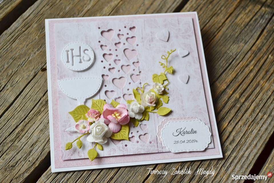 Kartka na Komunię z kielichem ręcznie robiona Antyki, Sztuka, Kolekcje Słupsk